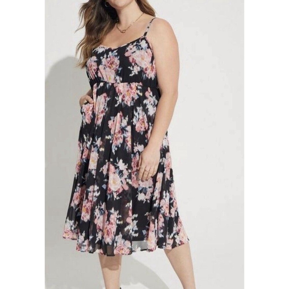 Torrid Midi Chiffon Pleated Dress Nice Ikat Floral Pockets‎ 16775202 Womens 1X